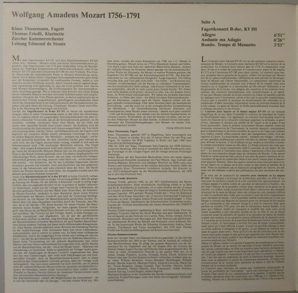 Wolfgang Amadeus Mozart, Klaus Thunemann, Thomas Friedli, Edmond De Stoutz, Zürcher Kammerorchester : Fagottkonzert B-dur, KV 191 / Klarinettenkonzert A-dur, KV 622 (LP)