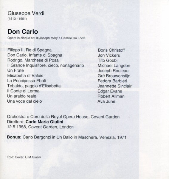 Giuseppe Verdi - Brouwenstijn*, Vickers*, Christoff*, Barbieri*, Gobbi*, C.M. Giulini* : Don Carlo (3xCD, RE, RM)