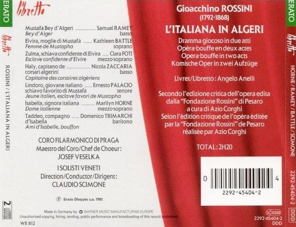 Rossini* - Horne* • Ramey* • Battle* • Palacio* • Zaccaria* • I Solisti Veneti • Claudio Scimone : L'Italiana In Algeri (2xCD, Album, RE)