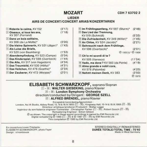 Mozart*, Elisabeth Schwarzkopf, Walter Gieseking, London Symphony Orchestra, George Szell • Alfred Brendel : Lieder, Konzertarien = Airs De Concert = Concert Arias (CD, Comp, Mono, RM)