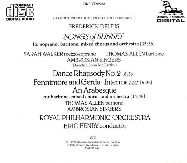 Eric Fenby, Frederick Delius, Sarah Walker (2), Thomas Allen, The Ambrosian Singers, Royal Philharmonic Orchestra : Delius Songs Of Sunset (CD)