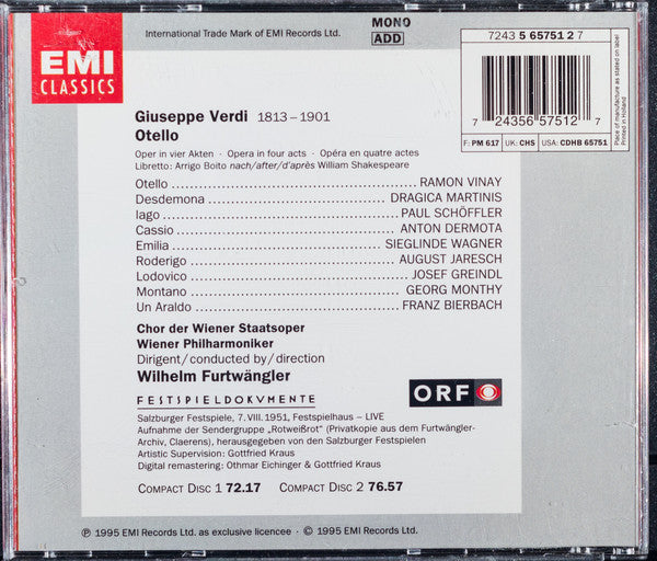 Giuseppe Verdi  - Ramón Vinay, Dragica Martinis, Paul Schöffler, Orchester Der Wiener Staatsoper, Wiener Philharmoniker, Wilhelm Furtwängler : Otello (2xCD, Album, Mono)