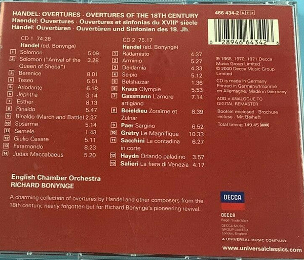 Handel* - English Chamber Orchestra, Richard Bonynge : Overtures & Sinfonias - Overtures Of The 18th Century (2xCD, Comp)