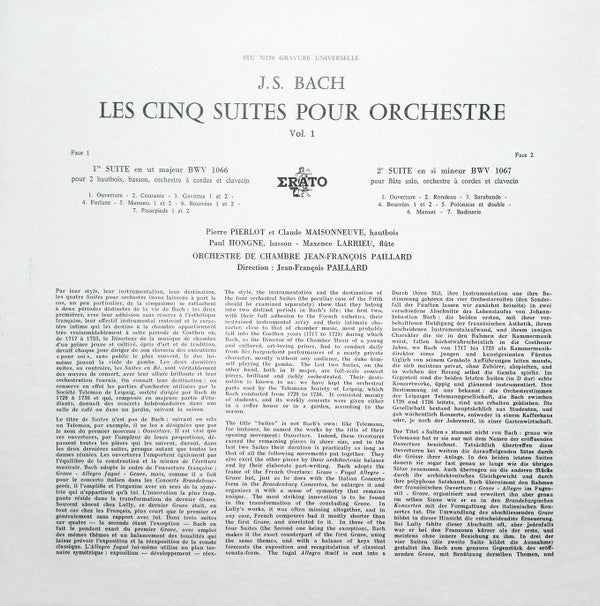 Johann Sebastian Bach, Orchestre De Chambre Jean-François Paillard : Les Cinq Suites Pour Orchestre Vol. I /  Suites N°1 En Ut Majeur BWV 1066 - Suite N°2 En Si Mineur BWV 1067 (LP, RE,  Ga)