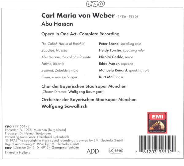 Carl Maria von Weber - Edda Moser · Nicolai Gedda · Kurt Moll · Chor Der Bayerischen Staatsoper Und Bayerisches Staatsorchester · Wolfgang Sawallisch : Abu Hassan (CD, Album, RE, RM)