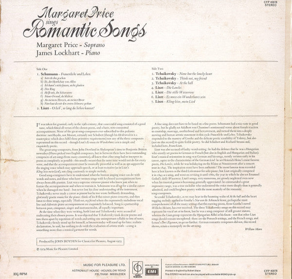 Margaret Price With James Lockhart : Margaret Price Sings Romantic Songs (LP)
