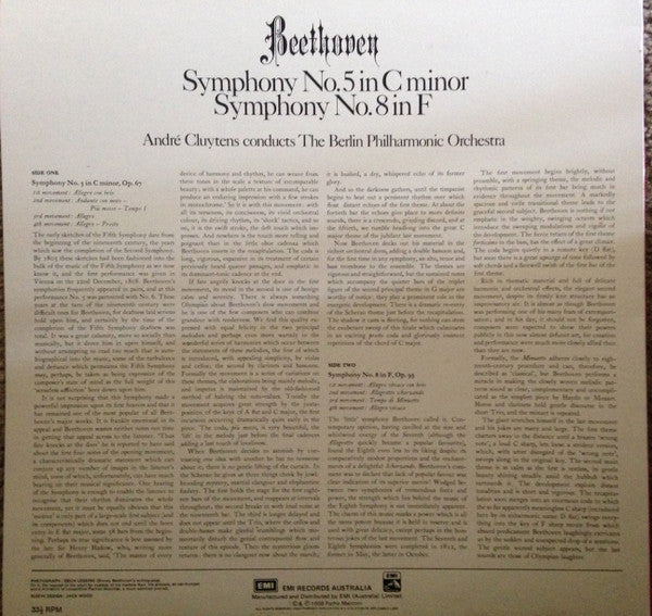 Ludwig van Beethoven, André Cluytens Conducts Berliner Philharmoniker : Symphony No. 5 In C Minor, Symphony No. 8 In F (LP)