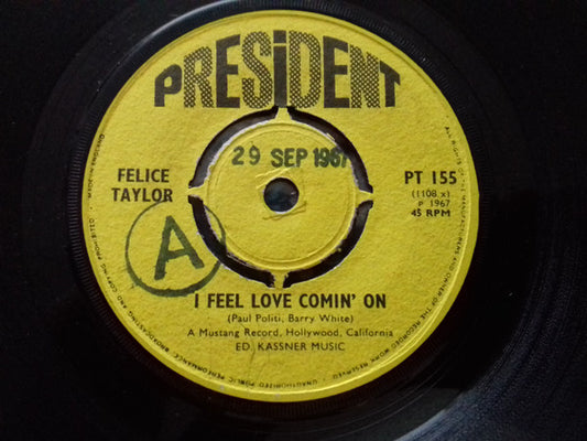 Felice Taylor / Bob Keene Orchestra : I Feel Love Comin' On / Comin' On Again (7", Single, Promo, 4-P)
