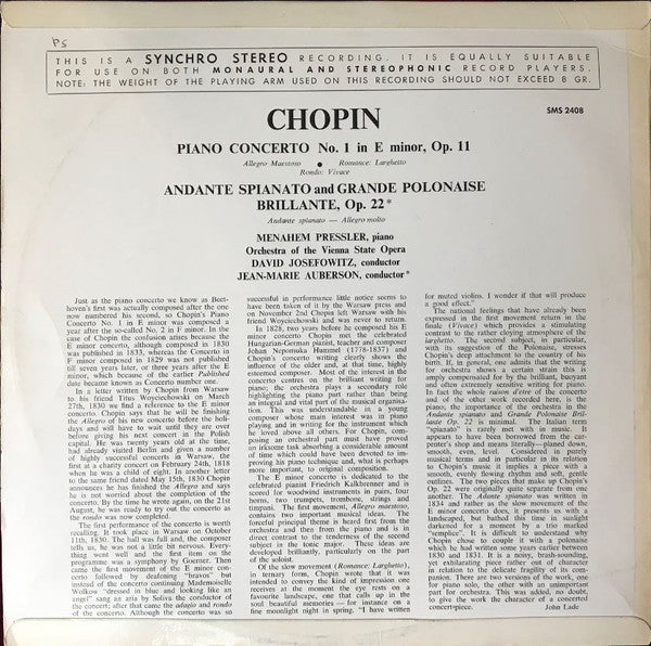 Chopin*, Menahem Pressler, Orchestra Of The Vienna State Opera*, David Josefowitz & Jean-Marie Auberson : Piano Concerto No 1 in E Minor, Op 11  (LP, Album, Club, Syn)