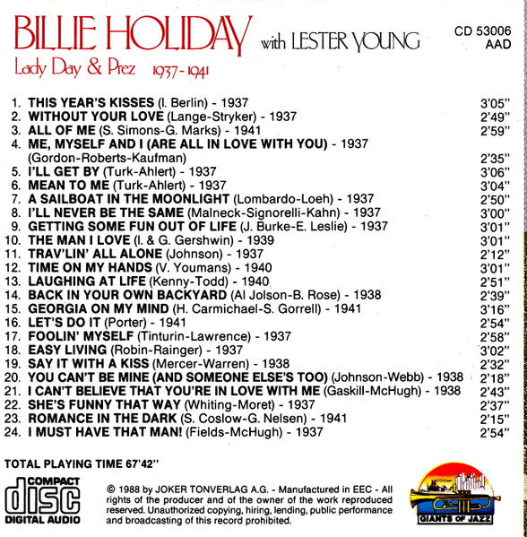 Billie Holiday with Lester Young : Lady Day & Prez - 1937-1941 (CD, Comp)