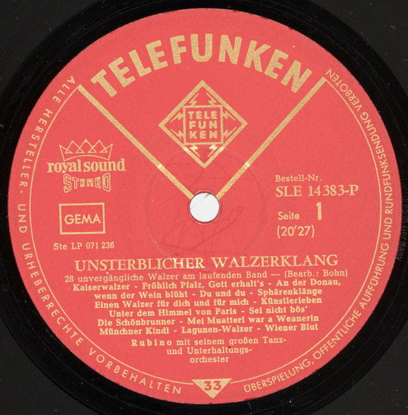 Rubino Und Sein Großes Ballroom-Orchester : Unsterblicher Walzerklang (LP, Album)
