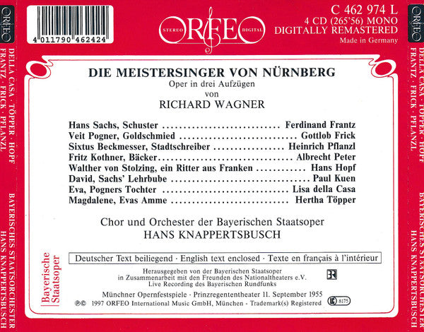 Wagner*, Della Casa*, Töpper*, Hopf*, Frantz*, Frick*, Pflanzl*, Hans Knappertsbusch : Die Meistersinger Von Nürnberg (4xCD, Mono, RM)