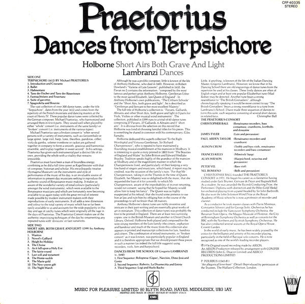 Praetorius* / Holborne* / Lambranzi*, The Praetorius Consort, Christopher Ball : Dances From Terpsichore / Short Airs Both Grave And Light / Dances (LP, RE)