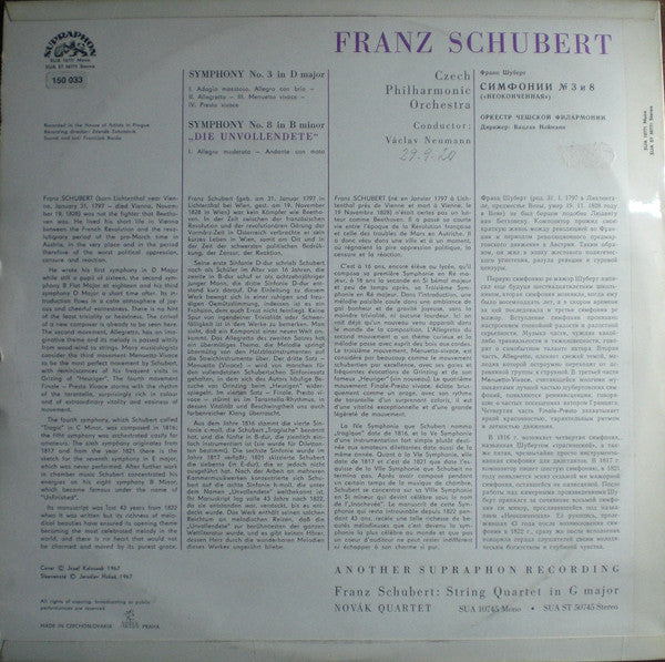 Franz Schubert, The Czech Philharmonic Orchestra, Václav Neumann : Symphonies Nos. 3 And 8 *Die Unvollendete (LP, red)