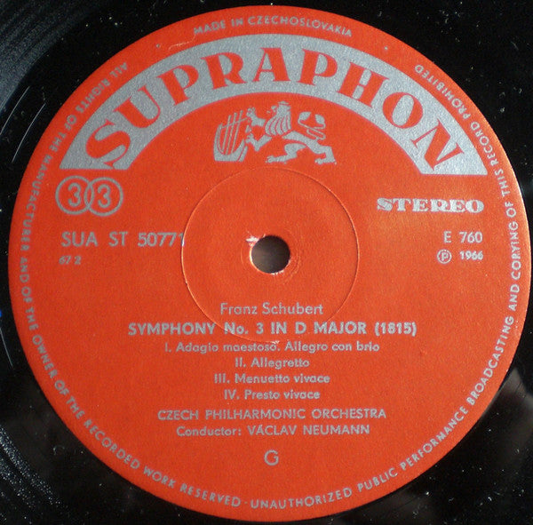 Franz Schubert, The Czech Philharmonic Orchestra, Václav Neumann : Symphonies Nos. 3 And 8 *Die Unvollendete (LP, red)