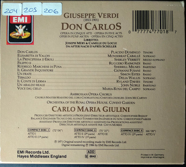 Verdi* - Domingo* · Caballé* · Raimondi* · Verrett* · Milnes* · Foiani* · Estes* · Ambrosian Opera Chorus* · Orchestra Of The Royal Opera House, Covent Garden · Carlo Maria Giulini : Don Carlos (3xCD, Album, RE, RM + Box, Sli)