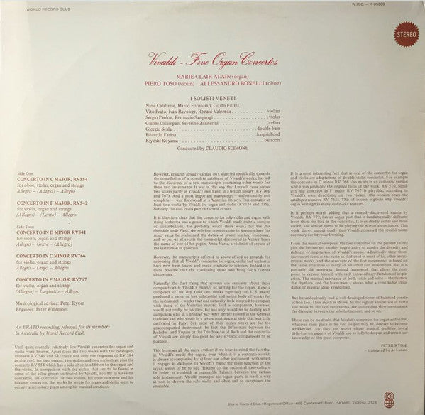 Vivaldi* : Five Organ Concertos (LP, Album, Club, RE)