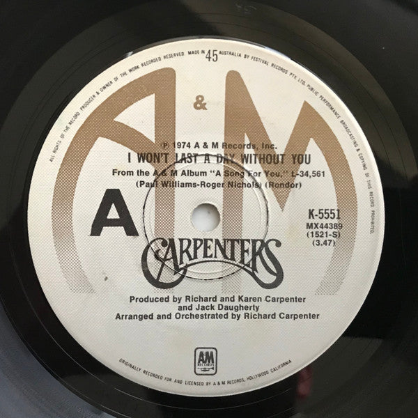 Carpenters : I Won't Last A Day Without You (7", Single)