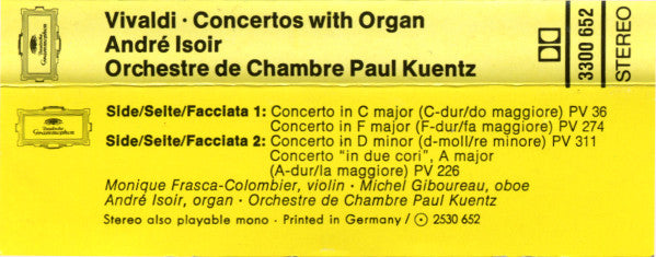 Antonio Vivaldi - André Isoir • Orchestre De Chambre Paul Kuentz : Concertos With Organ • Konzerte Mit Orgel (Cass, Dol)