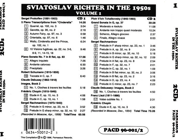 Sviatoslav Richter, Robert Schumann / Frédéric Chopin / Franz Liszt / Pyotr Ilyich Tchaikovsky / Sergei Vasilyevich Rachmaninoff / Sergei Prokofiev / Claude Debussy : Sviatoslav Richter In The 1950s (2xCD, Mono)