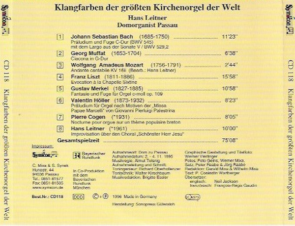 Hans Leitner (3) : Klangfarben Der Grössten Kirchenorgel Der Welt (CD, Album)