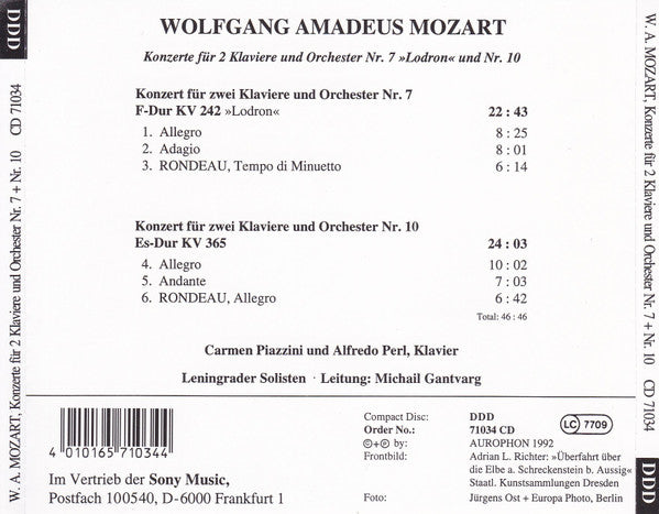 Wolfgang Amadeus Mozart - Carmen Piazzini, Alfredo Perl, Leningrad Soloists, Michail Gantvarg : Konzerte Für 2 Klaviere Und Orchester Nr. 7 "Lodron" Und Nr. 10 (CD)
