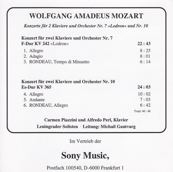 Wolfgang Amadeus Mozart - Carmen Piazzini, Alfredo Perl, Leningrad Soloists, Michail Gantvarg : Konzerte Für 2 Klaviere Und Orchester Nr. 7 "Lodron" Und Nr. 10 (CD)