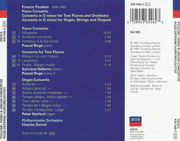 Poulenc*, Pascal Rogé, Sylviane Deferne, Peter Hurford, Philharmonia Orchestra, Dutoit* : Piano Concerto / Concerto For 2 Pianos / Organ Concerto (CD)