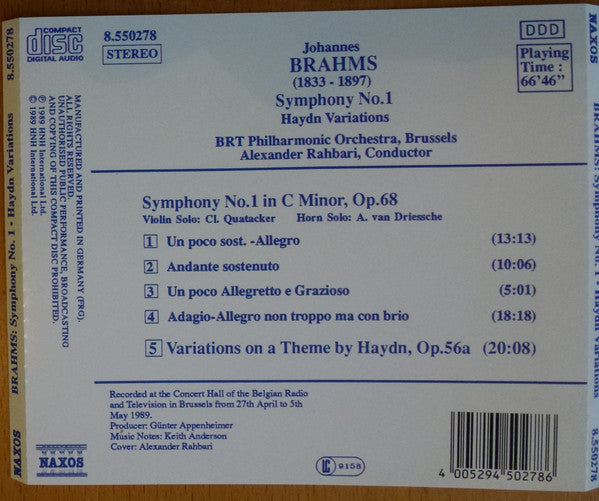 Johannes Brahms - Belgian Radio And Television Philharmonic Orchestra, Alexander Rahbari : Symphony No. 1 • Haydn Variations (CD, Album)