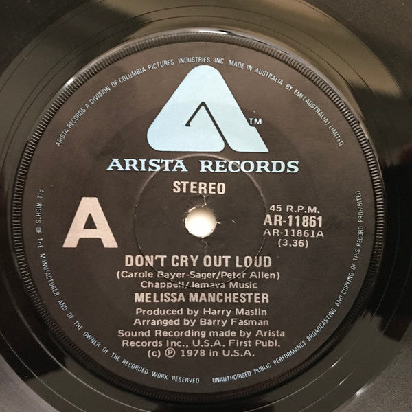 Melissa Manchester : Don't Cry Out Loud  (7", Single)