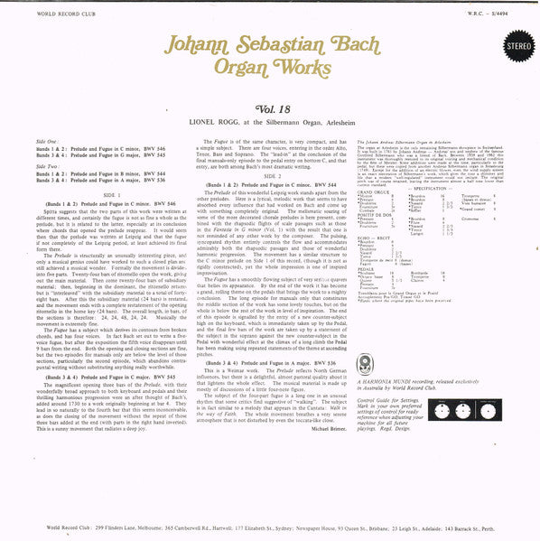 Johann Sebastian Bach / Lionel Rogg : Organ Works Vol. 18 (LP, Album, Club, RE)