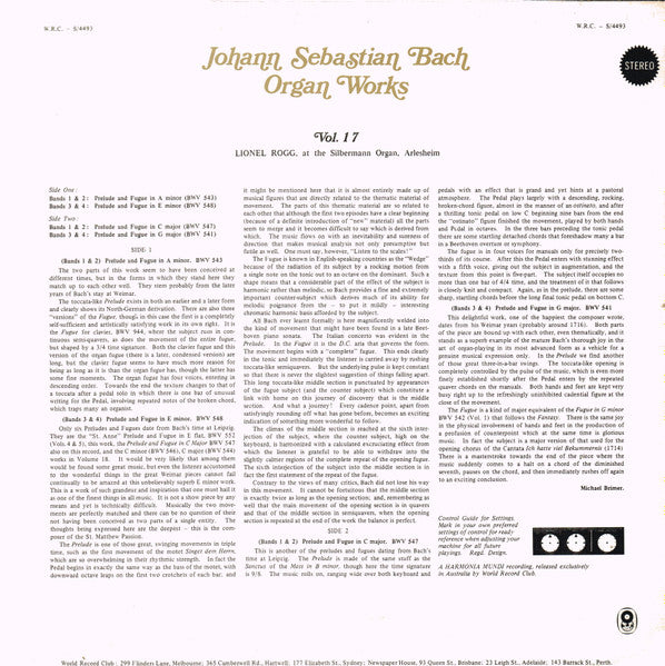 Johann Sebastian Bach / Lionel Rogg : Organ Works Vol. 17 (LP, Album, Club, RE)
