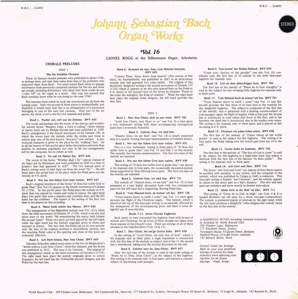 Johann Sebastian Bach / Lionel Rogg : Organ Works Vol. 16 (LP, Album, Club, RE)