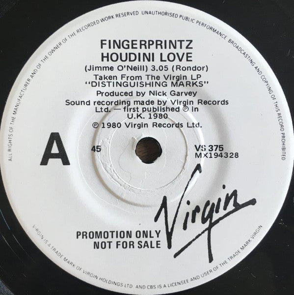 Fingerprintz (2) : Houdini Love  (7", Promo)