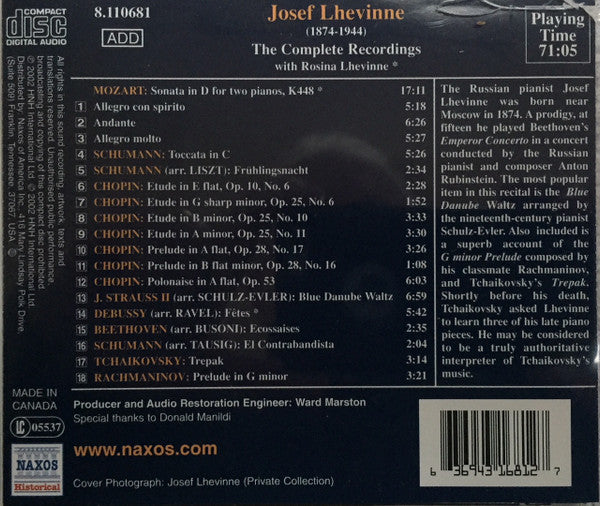 Josef Lhevinne : The Complete Recordings (Historical Recordings 1920-1937) (CD, Comp)
