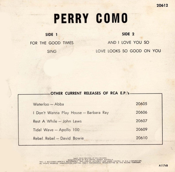 Perry Como : For The Good Times (7", EP)
