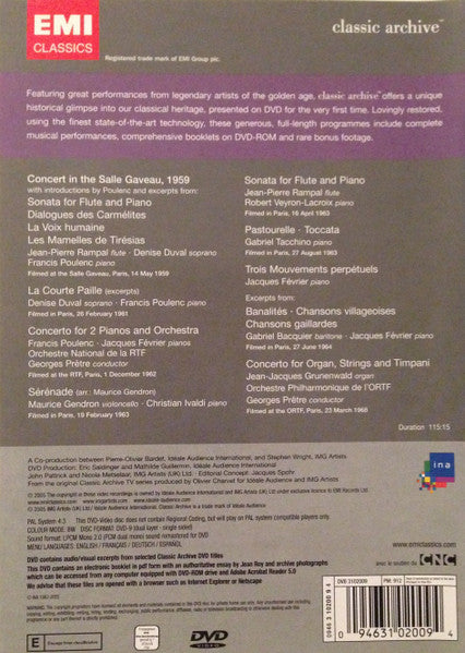 Gabriel Bacquier, Denise Duval, Jacques Février, Maurice Gendron, Jean-Jacques Grünenwald, Christian Ivaldi, Georges Prêtre, Jean-Pierre Rampal, Gabriel Tacchino, Robert Veyron-Lacroix : Francis Poulenc & Friends (DVD-V, Comp, PAL)