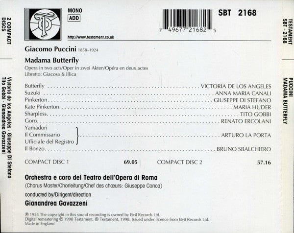 Puccini* / Gianandrea Gavazzeni : Madama Butterfly (2xCD, Album, Mono, RE, RM)