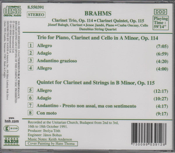 Johannes Brahms - József Balogh (2), Jenö Jandó, Csaba Onczay, Danubius String Quartet : Clarinet Trio, Op. 114 / Clarinet Quintet, Op. 115 (CD, Album, RE)