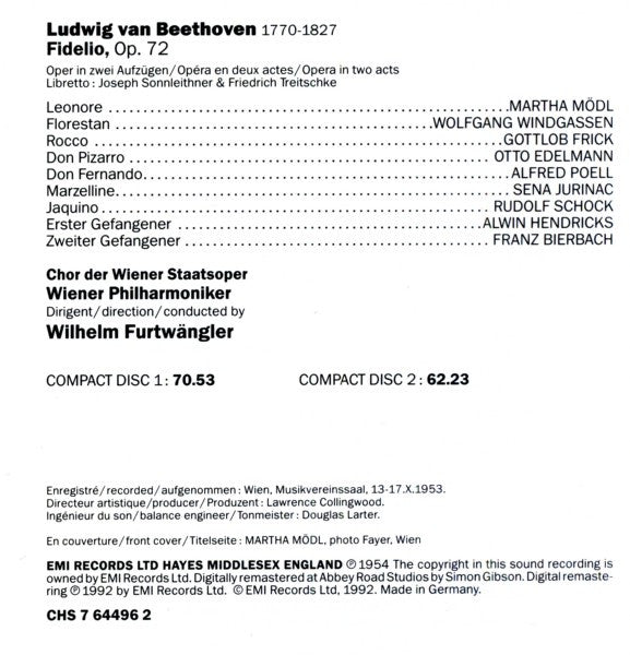 Beethoven* - Martha Mödl, Wolfgang Windgassen, Sena Jurinac, Gottlob Frick, Otto Edelmann, Wilhelm Furtwängler : Fidelio (2xCD, RE, RM)