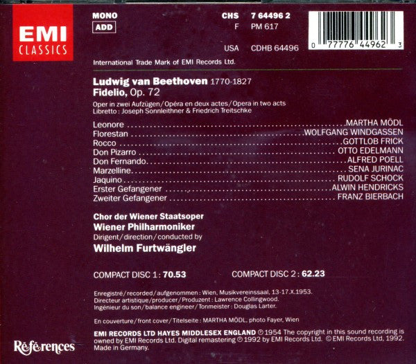 Beethoven* - Martha Mödl, Wolfgang Windgassen, Sena Jurinac, Gottlob Frick, Otto Edelmann, Wilhelm Furtwängler : Fidelio (2xCD, RE, RM)