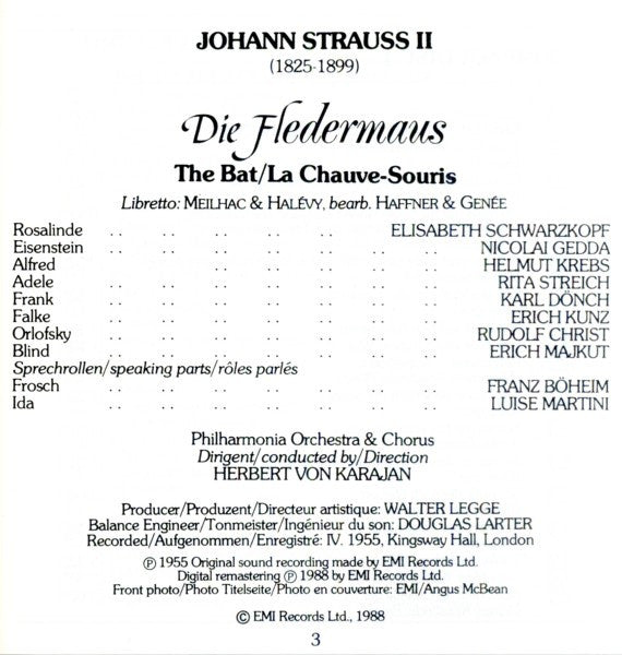 Johann Strauss II* - Schwarzkopf* • Streich* • Gedda* • Kunz* • Herbert von Karajan : Die Fledermaus = La Chauve-Souris (2xCD, Album, Mono, RE, RM)