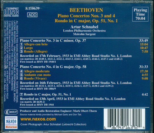 Artur Schnabel / Ludwig van Beethoven : Piano Concerto No. 3 / Piano Concerto No. 4 / Rondo (Historical Recordings 1933) (CD, Comp, RM)