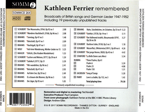 Kathleen Ferrier, Franz Schubert, Johannes Brahms, Hugo Wolf, Charles Villiers Stanford, Maurice Jacobson And Edmund Rubbra With Bruno Walter, Gerald Moore, Frederick Stone : Kathleen Ferrier Remembered: Broadcasts Of British Songs And German Lieder 1947-1952 (CD, Comp)
