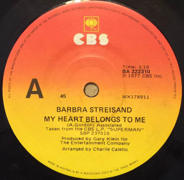 Barbra Streisand : My Heart Belongs To Me (7", Single)