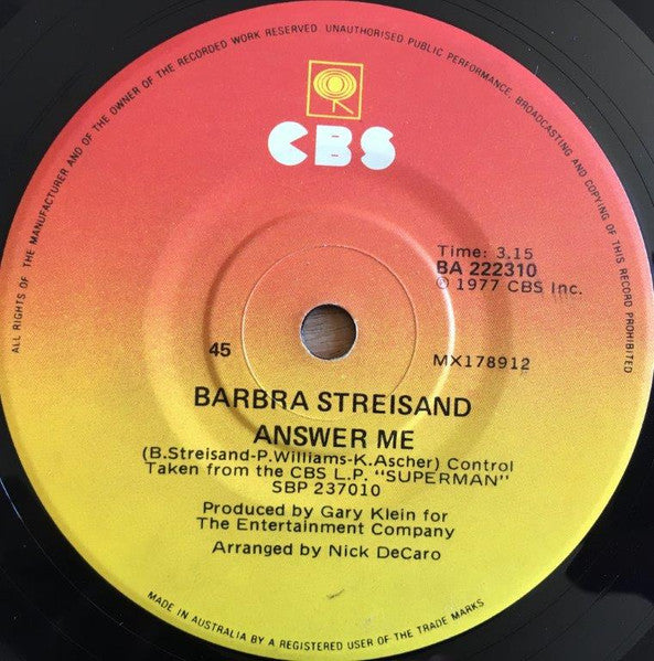 Barbra Streisand : My Heart Belongs To Me (7", Single)