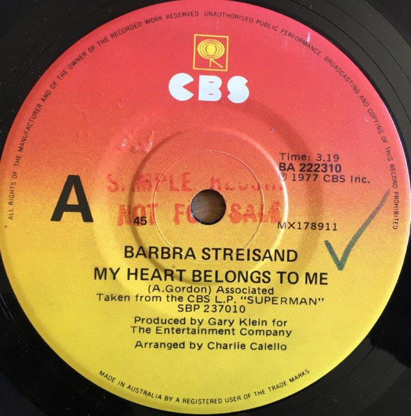 Barbra Streisand : My Heart Belongs To Me (7", Single)