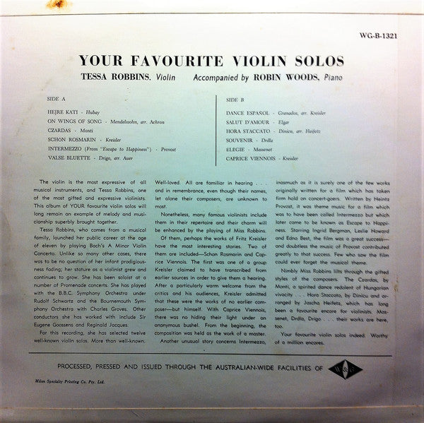 Tessa Robbins : Your Favourite Violin Solos (LP, Album)