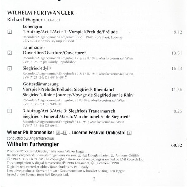 Wilhelm Furtwängler, Richard Wagner :  Furtwängler Conducts Wagner (CD, Comp, Mono, RM)