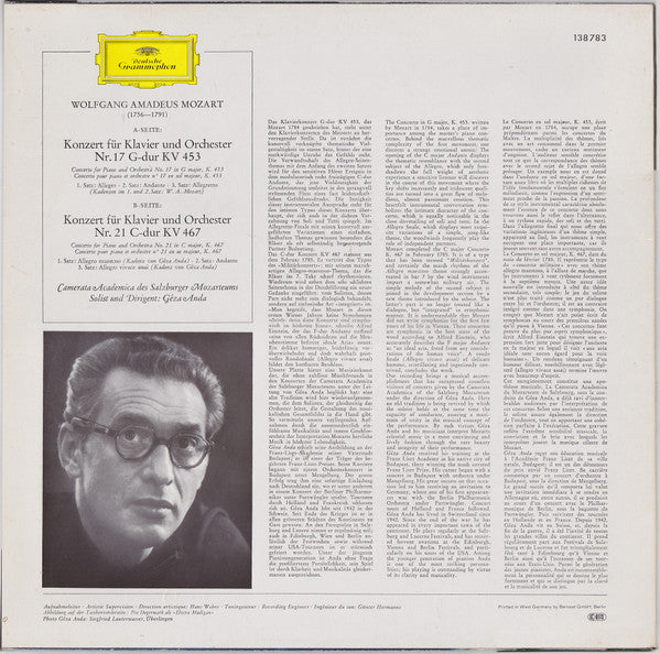 Mozart*, Camerata Academica Des Salzburger Mozarteums*, Géza Anda : Klavierkonzerte = Piano Concertos - G-dur = In G Major / KV 453 · C-dur = In C Major / KV 467 (LP, Album, RE)